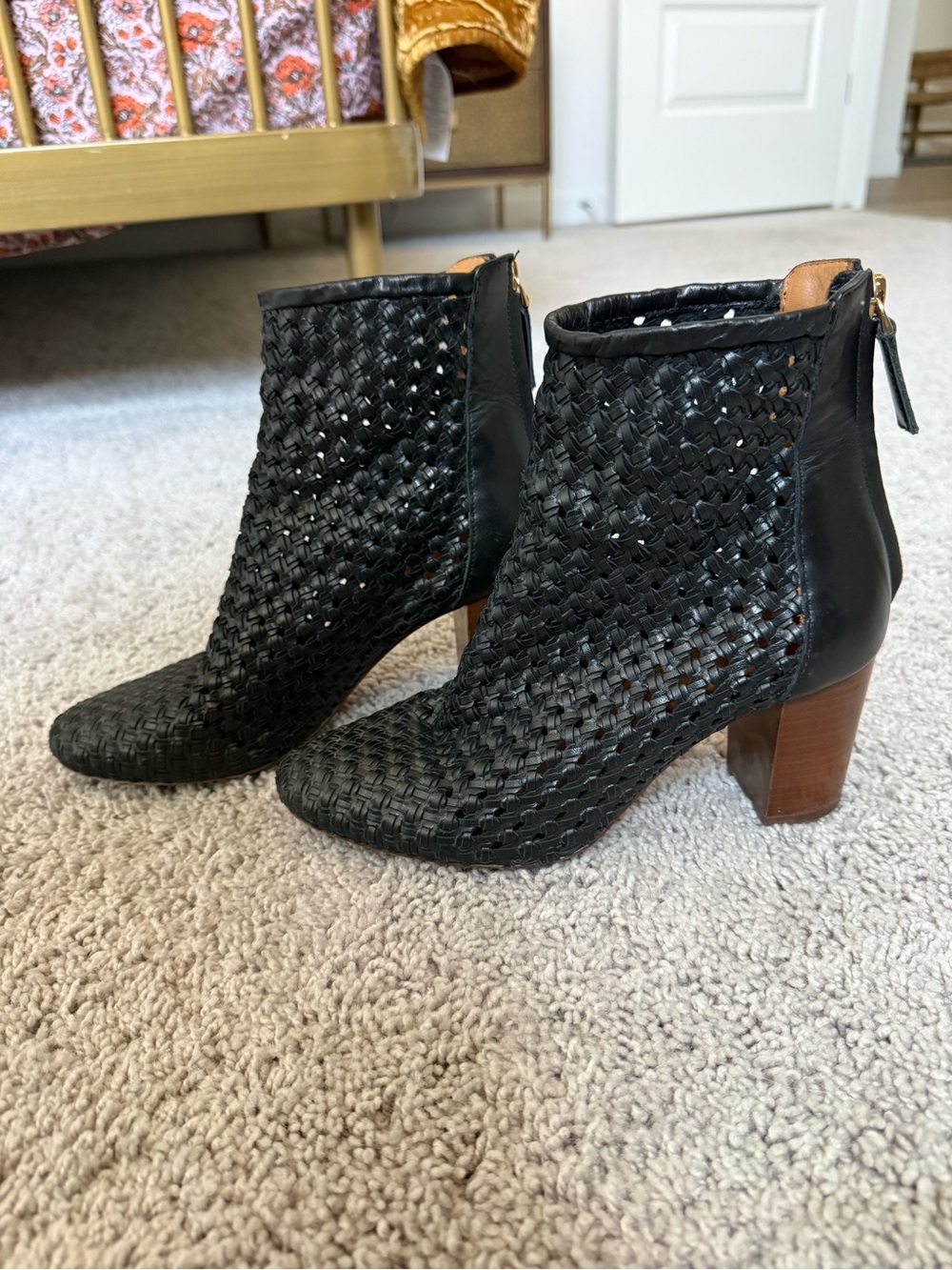 Sezane Black Woven Leather Ankle Booties with Brown Block Heel